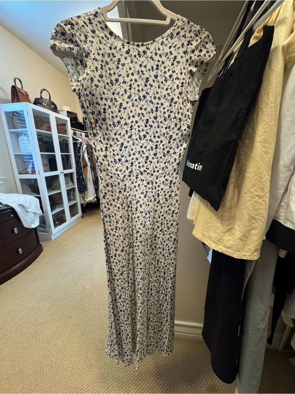 Reformation Cream Midi Dress with Navy Floral Print